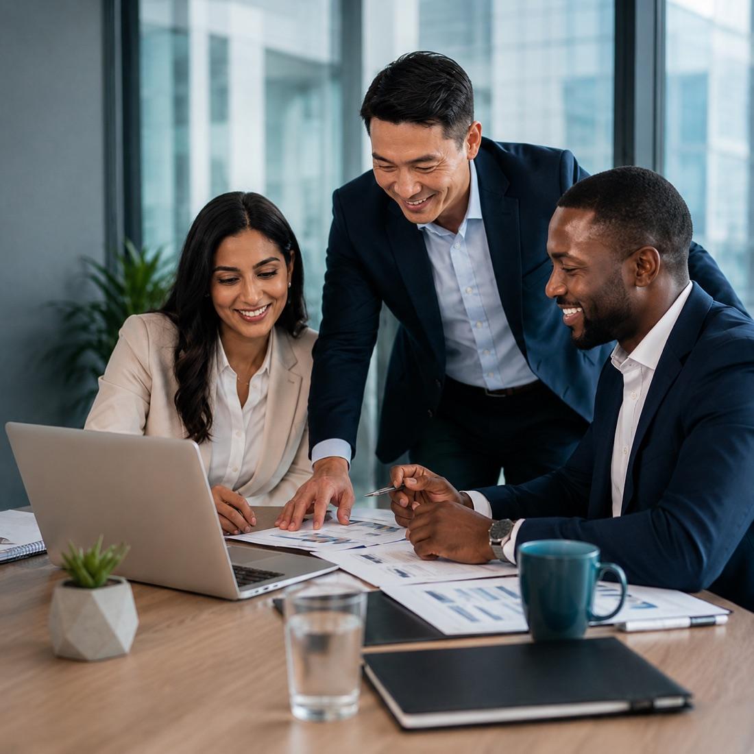 Clarity Growth Advisory colleagues reviewing financial reports together in an office